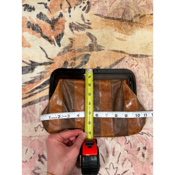 Vintage Patchwork Leather Clutch Bag Brown Striped Tortoiseshell Frame Handbag - Picture 5 of 5